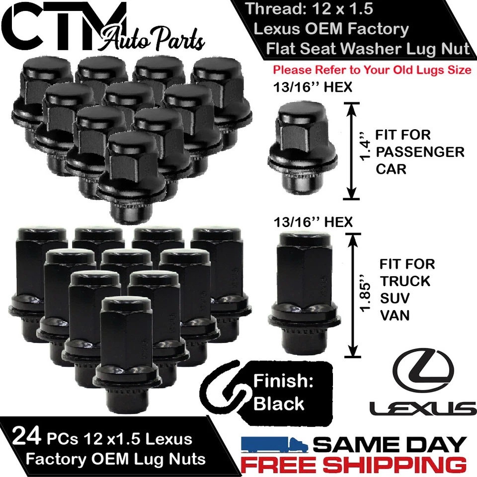 24PCS BLACK LEXUS FACTORY OEM 12X1.5 MAG SEAT/FLAT SEAT LUG NUTS - Image 1 of 1