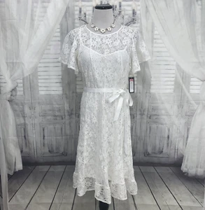 Jessica Howard Size 12 White Short Flutter Sleeve Ruffle Lace A-Line Dress B52 - Picture 1 of 13