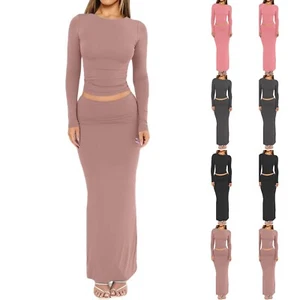 Women 2 Piece Outfits Ruched Long Sleeve Crop Tops Fold Over Bodycon Long Skirt - Picture 1 of 24