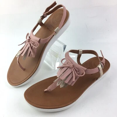 Босоножки FitFlop женские размер 9 Tia розовые и серебристые с бахромой кожа ремешок на лодыжке - Изображение 1 из 4