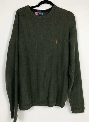 RL Chaps Crest Mens Large Cable Knit Crew Neck Sweater Green Cotton Pull Over - Image 1 of 4