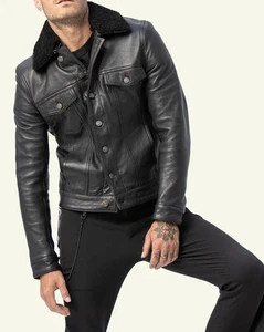 NUEVA Chaqueta Estilo Cuero Cordero Real Para Hombre Chaqueta Camionero Cuello de Piel Desmontable - Imagen 1 de 8