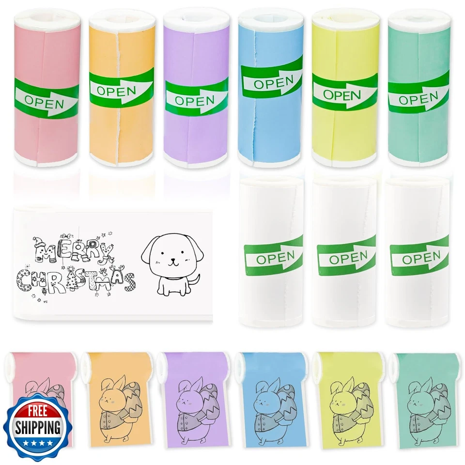 9 Rolls Self-Adhesive Mini Printer Paper - 6 Vibrant Colors and 3 White Compa - Image 1 of 4