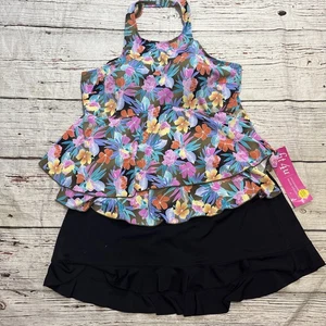 Fit4U Canotta da bagno floreale collo alto con gonna e fondo bikini 2 pezzi taglia 22W - Foto 1 di 13