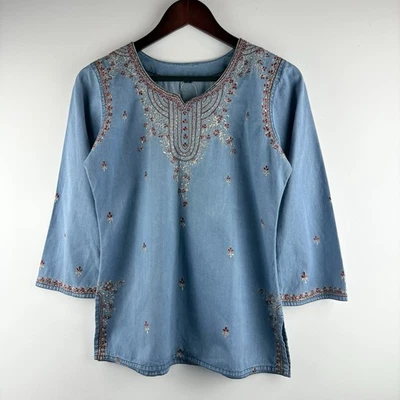 Новый светло-синий джинсовой ткани вышитая туника Курта длинным рукавом женщин большой новый с Ярлыками богемное - Изображение 1 из 4