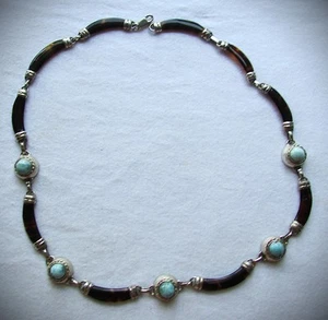 Vintage Sterling Silver Turquoise Tortoise Shell Necklace 925  20" - Picture 1 of 10