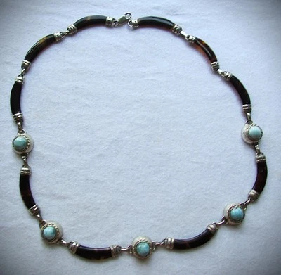 Vintage Sterling Silver Turquoise Tortoise Shell Necklace 925  20" - Image 1 of 4