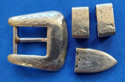 Belt Buckle Vintage Renalde Denver Etched Nickel Western with Tip and 2 Keepers - Image 1 of 3