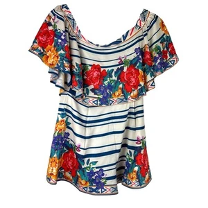 NEW Flying Tomato White Striped Romper Colorful Floral Off Shoulder Size S - Picture 1 of 6