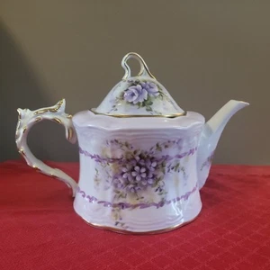 Vintage Musical Teapot Ornate Gold Trim Purple Flowers plays Fur Elise - Picture 1 of 7