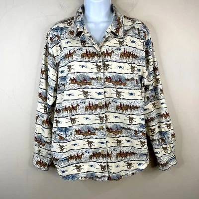 Camisa con botones vintage con estampado de caballo ecuestre para mujer PL Old Money Heritage AOP Foto 1 de 4
