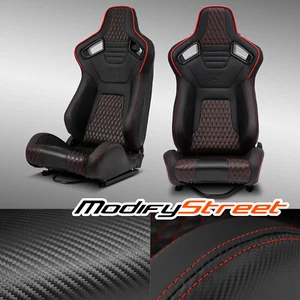Pair of PVC Carbon Fiber Leather Reclinable Racing Seats W/Silders Red+Black - Picture 1 of 8