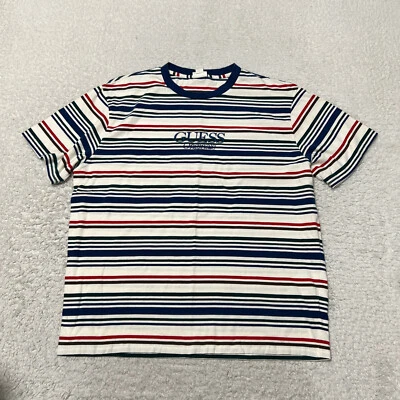 Guess Shirt Men Extra Large Tan Blue Stripe Crew Neck Preppy Cotton Knit - Image 1 of 4