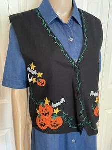 Baxter & Wells M Black Orange Halloween Jack-o-lantern Bat Pumpkin Applique Vest - Picture 1 of 9