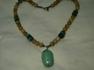 Argento Sterling, Beige/Diaspro Marrone, Turchese Perline & Collana con Ciondolo - Immagine 1 di 4