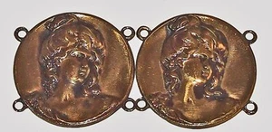 2 Art Nouveau Lady Medallion Brass w/4 loops antiqued high relief Vintage 38mm - Picture 1 of 5