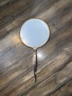 Antique Ornate Hand Held Vanity Beveled Mirror Gold Floral Embroidery