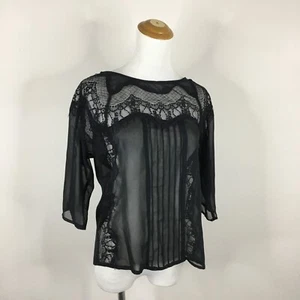 NWT LC LAUREN CONRAD Womens sz XS Black Powder Room Lace Pleats Sheer Shirt - Picture 1 of 9