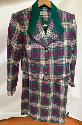 That's Me 格子 90 年代定制紫色和绿色格子西装夹克和裙子复古 XS — 第 1/4 张图片