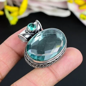 Ciondolo Argento Sterling 925 Pietra Preziosa Aqua Apatite Fatto a Mano Gioielli Da Regalo - Foto 1 di 4