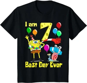 YOUTH KIDS SIZE SMALL Spongebob Birthday Shirt I AM 7 BEST DAY EVER - Picture 1 of 2