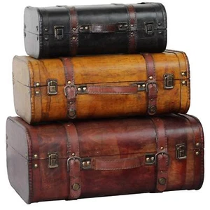Vintage Decorative Suitcase (Set Of 3) Brown Faux Leather Wood 3 Piece - Picture 1 of 4
