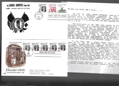 2 1988 Transportation coil FDCs; Art Craft/Samuel Gompers Stmp Clb cachets - Image 1 of 2