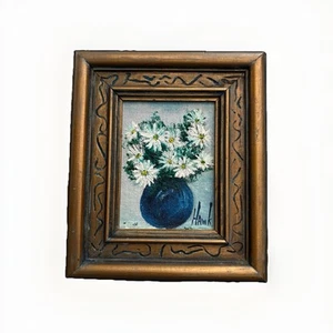 Quadro natura morta in miniatura vintage con margherite firmato - Foto 1 di 9