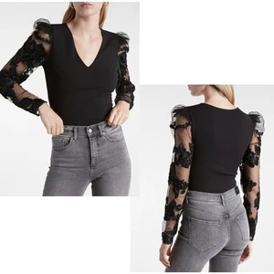 EXPRESS Neu mit Etikett schwarz Langarm Blumen Netz Spitze Tanga Body XL - Bild 1 von 16
