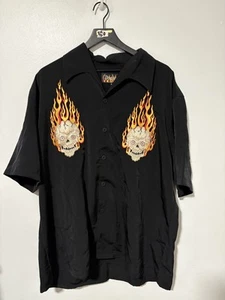 Dragonfly Shirt Mens XL Black Flame Skull Embroidered Button Up Camp Bowling - Picture 1 of 8