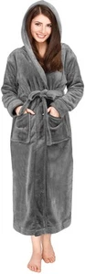 Womens Fleece Hooded Bathrobe Plush Long Spa Robe, Medium, Steel Grey - Picture 1 of 7