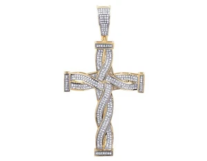 2 Row Twirl 3/5 CT Real Diamond Cross Pendant 2.5" 10K Yellow Gold - Picture 1 of 4