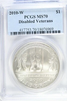 2010 W UNCIRCULATED $1.00 Silver Commemorative - Disabled Vets - PCGS MS 70 - Image 1 of 2
