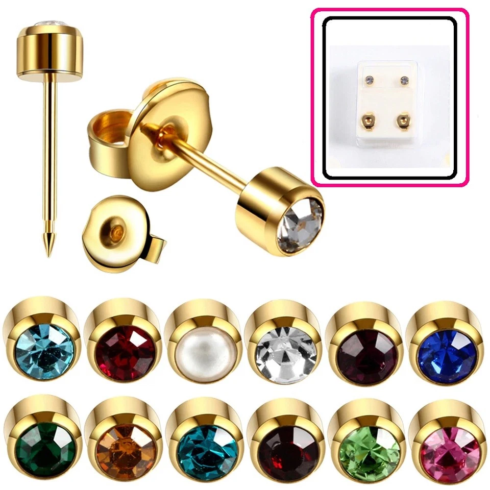 1 paio orecchini/piercing sterili acciaio chirurgico dorato  strass trasparente - Immagine 1 di 3
