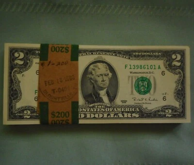 1995 $2 Dollar Bill x 100 Consecutive Serial #'s - Image 1 of 4