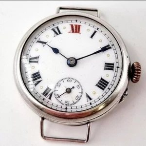 31mm 1913 SILVER MENS SIZE TRENCH WATCH ANTIQUE VINTAGE WRISTWATCH RED 12 1910s - Picture 1 of 5