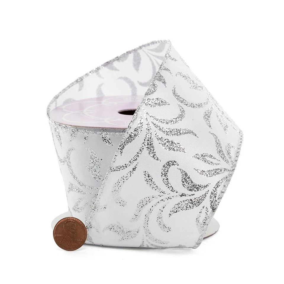 White Silver Glitter Floral Satin Wired Ribbon - 2 1/2in. x 10 Yds (pm56006902) - Image 1 of 1