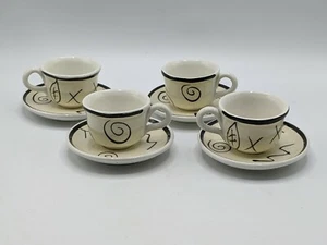 Italy Demitasse Espresso Coffee Cups & Saucers Black & White Swirls 4 Ceramic - Picture 1 of 7