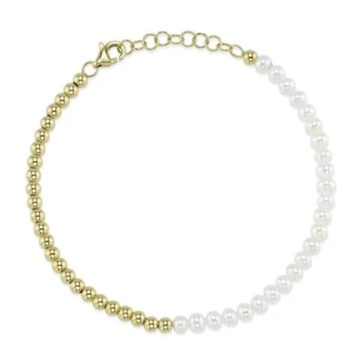 14K Yellow Gold Pearl Ball Chain Bracelet Womens Adjustable - Image 1 of 3