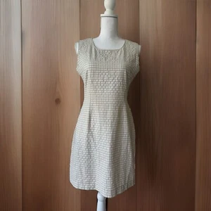 Theory 100% Linen Dress Women Size M Neutal Gingham Shift Preppy Picnic Tan - Picture 1 of 13