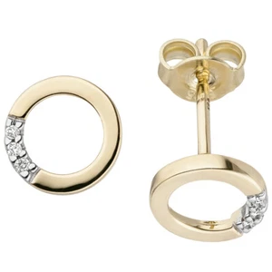 Studs Earrings Circles 6 Diamonds 585 Yellow Gold Round Flat - Picture 1 of 1
