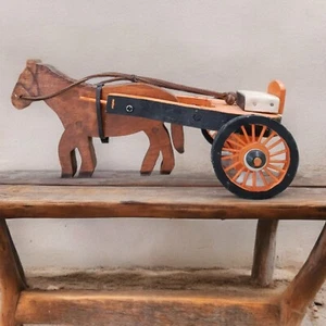 Vintage Horse and Sulky Cart Folk Art, Handmade Wooden Equestrian Figurine - Picture 1 of 12