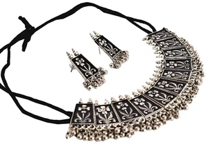 Indian Bollywood Oxidized Choker Black Enamel Necklace Earrings Jewelry Set - Picture 1 of 4