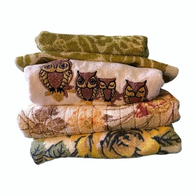 Vintage 70s Towel Set Owls Butterflies Pequot Martex Green Brown Yellow - Image 1 of 4