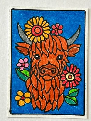 Arte original ACEO, arte pequeño, tarjeta ATC - lápices de colores prisma - Highlander Cow Foto 1 de 2