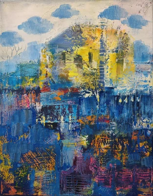 Original oil painting 11"x14" Contemporary art, Town, Buildings, blue, Yellow - Image 1 of 4