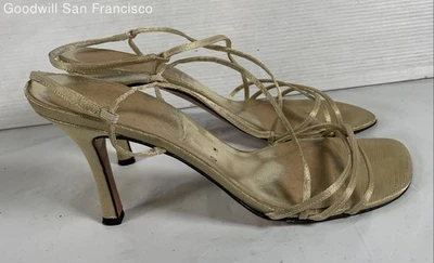 Stuart Weitzman Gold Leather Slip On Stiletto Heel Strappy Womens Sandals 10M - Image 1 of 4