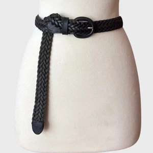 Vtg 90's Preppy Distressed Black Leather Braided Belt 32"  New england prep - Picture 1 of 8