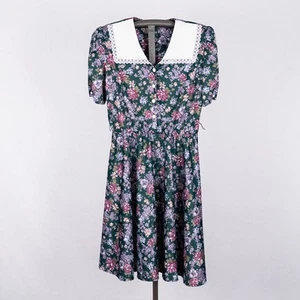 Vintage 80s 90s Floral Dress Sailor Collar Forest Green Purple Handmade MEDIUM - Picture 1 of 5