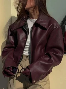 Chaqueta de cuero real borgoña de gran tamaño para mujer con cremallera estilo motociclista ropa de calle abrigo - Imagen 1 de 12